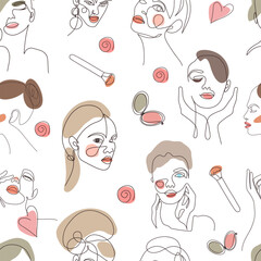 Seamless pattern with female faces and cosmetics.