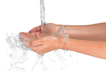 Water in wet hands of young woman