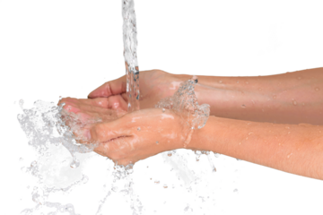 Water in wet hands of young woman
