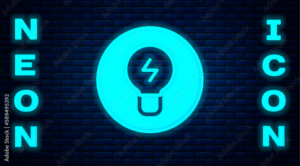 Poster Glowing neon Light bulb with concept of idea icon isolated on brick wall background. Energy and idea symbol. Inspiration concept. Vector