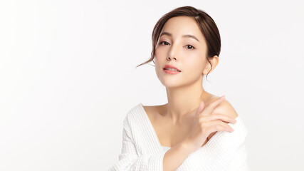 Beautiful young asian woman with clean fresh skin on white background, Face care, Facial treatment, Cosmetology, beauty and spa, Asian women portrait. - obrazy, fototapety, plakaty