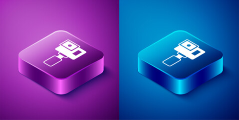 Isometric Action extreme camera icon isolated on blue and purple background. Video camera equipment for filming extreme sports. Square button. Vector - Powered by Adobe