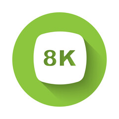 White 8k Ultra HD icon isolated with long shadow background. Green circle button. Vector