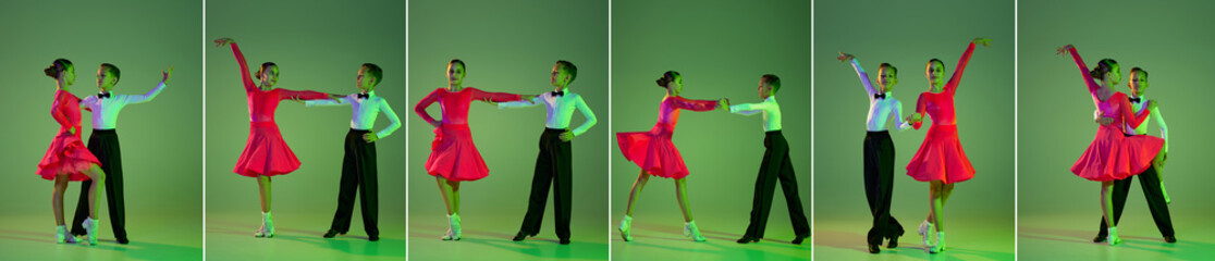 Collage. Cha cha cha, rumba, tango. Full-length portrait of beautiful little boy and girl dancing...