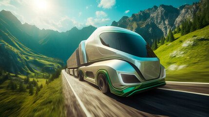 A futuristic electric cargo truck driving through a green mountain range, highlighting power and versatility