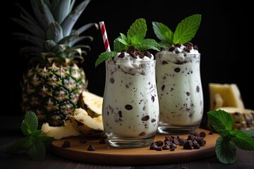 close up spring and summer drink, glass of infused water of smoothie pineapple chocolate with green mint or basil leaf,Generative Ai
