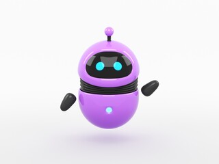 Cute purple robot with screen face and blue eyes waving hand, 3d render isolated on white background, rounded bot assistant