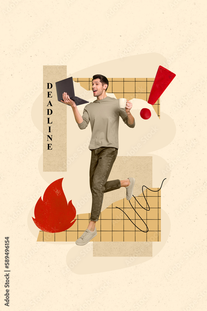 Poster vertical collage image of crazy guy hold use netbook coffee cup deadline exclamation mark drawing fl