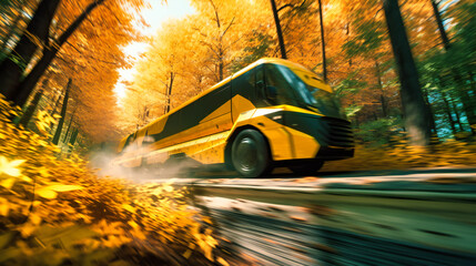 A futuristic electric cargo truck driving on a forest road with trees and leaves flying off, highlighting its power and acceleration