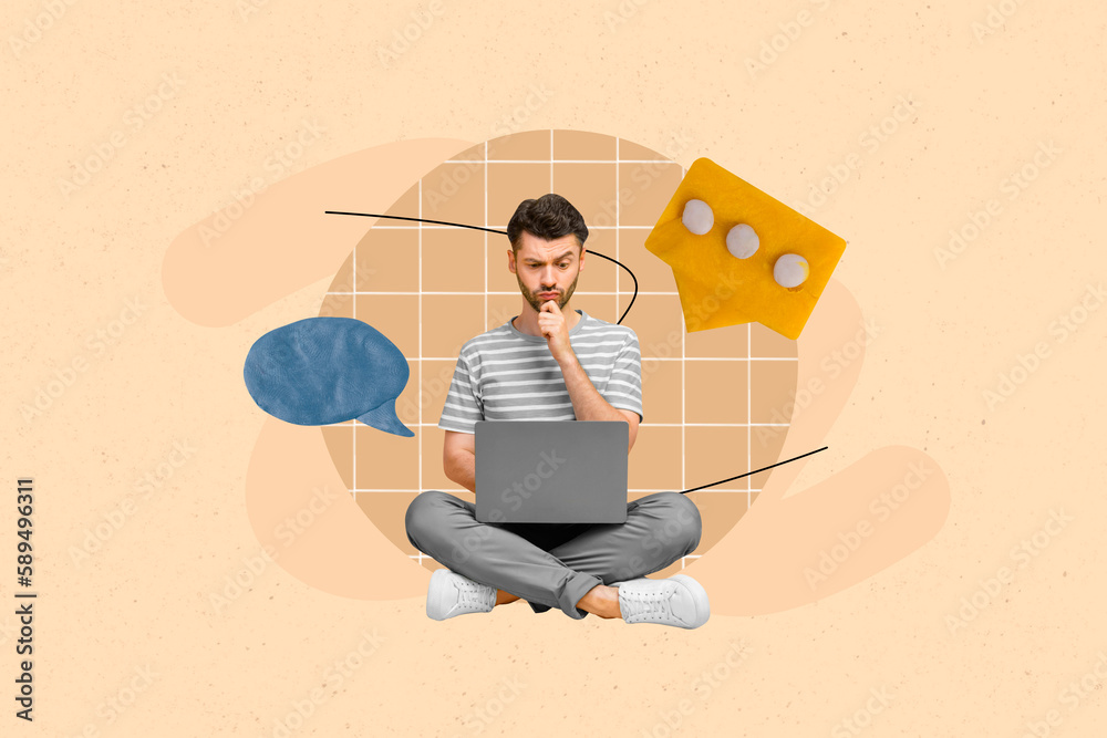 Poster Collage picture of thoughtful guy use netbook think dialogue message bubble isolated on painted beige background