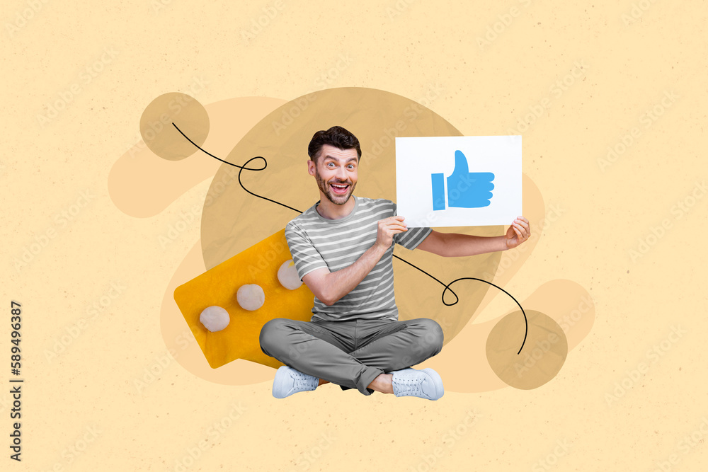 Poster collage picture of cheerful guy arms hold paper like thumb up icon message notification isolated on 