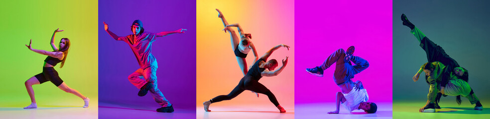 Set of artistic young people, men and women dancing contemporary dance styles, hip hop against...