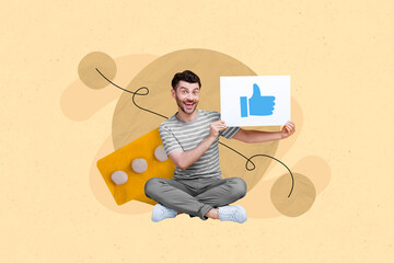 Collage picture of cheerful guy arms hold paper like thumb up icon message notification isolated on...