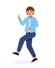 Smiling Man Making Positive Hand Gesture Posing v sign