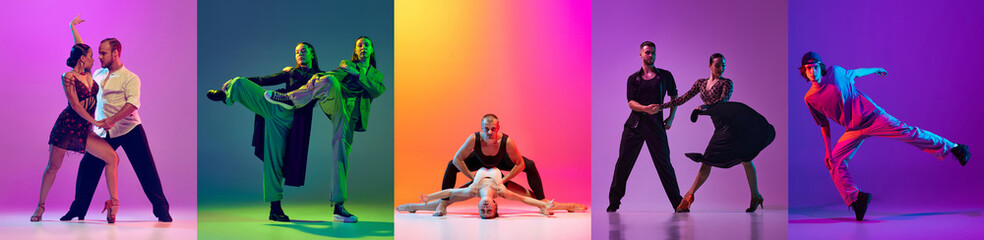 Set of artistic young people, men and women dancing hip hop, tango and ballroom against multicolored background in neon light. Concept of art, hobby, fashion, youth. Collage - obrazy, fototapety, plakaty