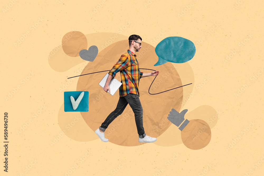 Poster creative collage portrait of successful guy hold netbook walk check mark icon dialogue bubble like n