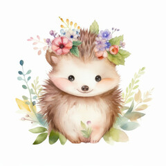 Fototapeta na wymiar Cute watercolor hedgehog. Illustration AI Generative.