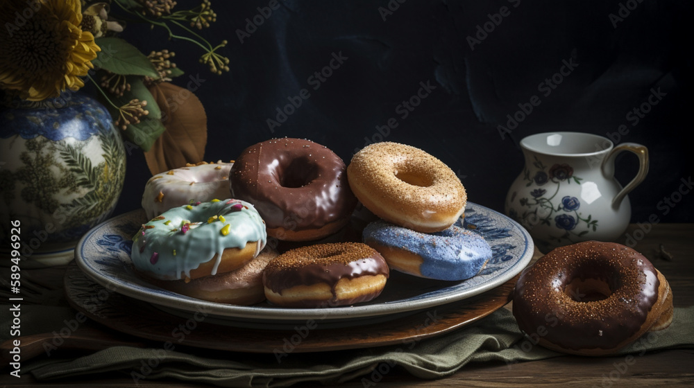 Wall mural plate with donuts on a wooden board Generative AI