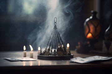 Generative ai pendulum on altar tarot and esoteric concept.