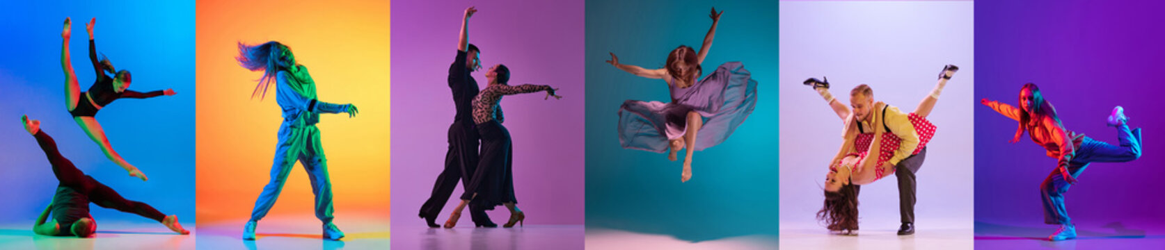 Beauty of choreography. Set of images of young people, men and women dancing diverse dance types against multicolored background in neon. Concept of art, hobby, fashion, youth. Collage