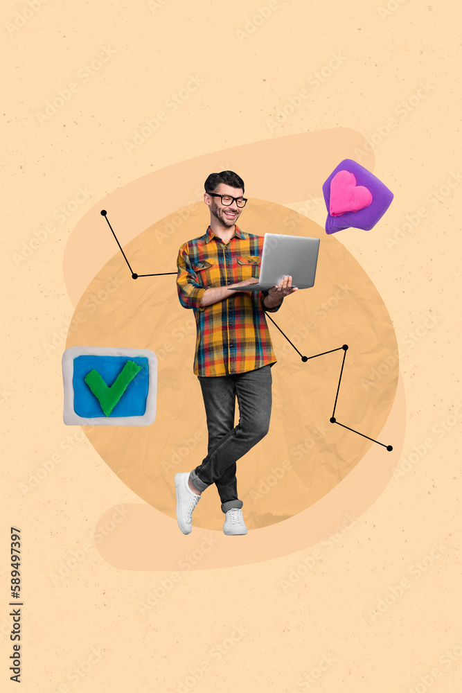 Poster Vertical collage image of positive guy use netbook receive like notification check mark icon isolated on drawing beige background