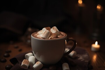 close up hot chocolate mug with marshmallow topping, Generative Ai