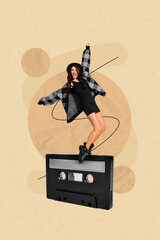Creative advertisement collage of funky young lady dancing moving after listening song audio tape...