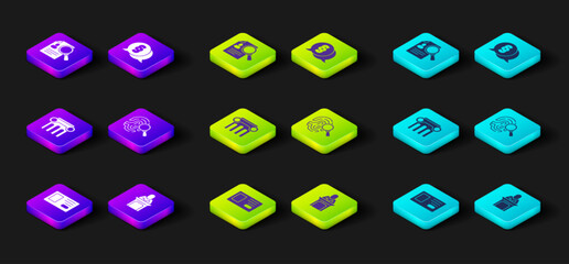 Set Identification badge, Judge, Law pillar, Fingerprint, and Paper analysis magnifying icon. Vector
