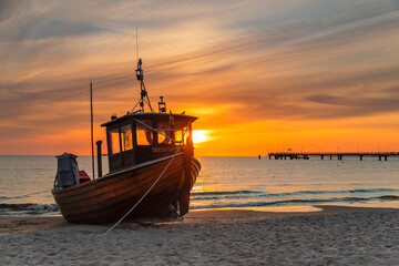 Fishing boat on the beach of Ahlbeck, Usedom Island, Baltic Sea, Mecklenburg-Western Pomerania, Germany