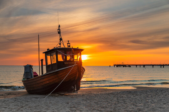 Fishing boat on the beach of Ahlbeck, Usedom Island, Baltic Sea, Mecklenburg-Western Pomerania, Germany