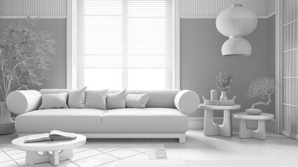 Total white project draft, minimal living room with wooden walls. Parquet floor, sofa, coffee tables and carpets. Japandi interior design
