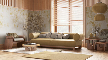 Wooden living room with fabric sofa in yellow and beige tones. Parquet floor, wallpaper, coffee tables and carpets. Japanese interior design