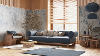 Wooden living room with fabric sofa in blue and beige tones. Parquet floor, wallpaper, coffee tables and carpets. Japanese interior design
