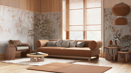 Wooden living room with fabric sofa in orange and beige tones. Parquet floor, wallpaper, coffee tables and carpets. Japanese interior design