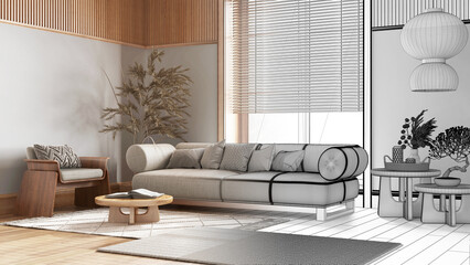 Architect interior designer concept: hand-drawn draft unfinished project that becomes real, wooden living room with fabric sofa. Japanese interior design