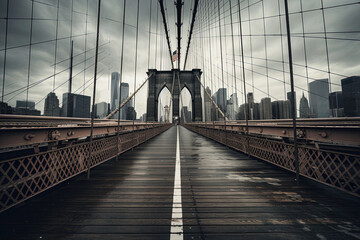 Fototapeta na wymiar Brooklyn Bridge in Gloomy Weather - Long Perspective Shot - Black and White Photo