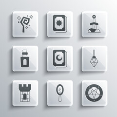 Set Magic hand mirror, Pentagram in circle, stone, Tarot cards, Castle tower, Bottle with potion, staff and Sword the icon. Vector