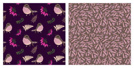 Set of abstract art seamless patterns with birds, exotic flowers and leaves on the dark violet background. Modern  design for paper, cover, fabric, interior decor and other users.