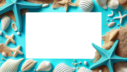 Frame from seashell starfish and beach sand on blue wooden background. Summer holiday banner. Top view, sunlight. Inside the frame is a white background