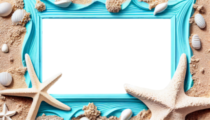 Frame from seashell starfish and beach sand on blue wooden background. Summer holiday banner. Top view, sunlight. Inside the frame is a white background