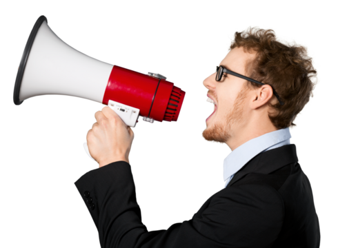 Male Professor Shouting Though Megaphone Against Chalkboard
