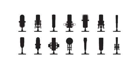 set of bundle collection mic microphone podcast silhouette vector design illustration