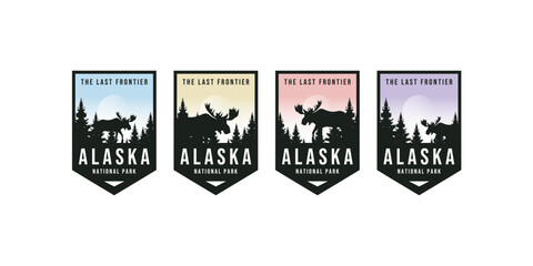 Set of Alaska vector labels with woodland forest and moose vector design illustration