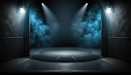 blue spotlights shine on stage floor in dark room, idea for background backdrop, music hall or studio, Generative Ai