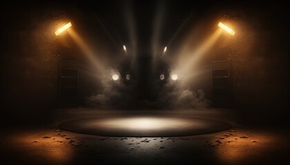 orange yellow spotlights shine on stage floor in dark room, idea for background backdrop, music hall or studio, Generative Ai