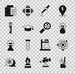 Set Laboratory glassware, Atom, Explosion in the flask, Pipette, Graduation cap, Test tube, Calculator and Microorganisms under magnifier icon. Vector