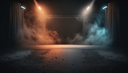 Fototapeta na wymiar blue orange spotlights shine on stage floor in dark room, idea for background backdrop, music hall or studio, Generative Ai