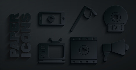 Set Play Video, CD or DVD disk, Retro tv, Megaphone, Microphone and Online play video icon. Vector