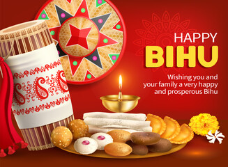 Greeting poster with drum (dhol, onoinya) decorated with gamosa, japi (bamboo hat) and sweets (laddu, pitha, gujiya) for North Indian Assamese New Year (and harvest) festival Rongali (Bohag) Bihu. 