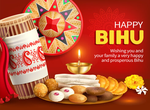 Greeting poster with drum (dhol, onoinya) decorated with gamosa, japi (bamboo hat) and sweets (laddu, pitha, gujiya) for North Indian Assamese New Year (and harvest) festival Rongali (Bohag) Bihu. 